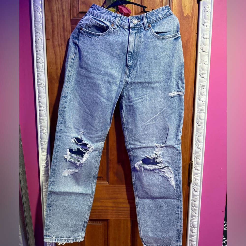 Zara Light Blue Denim Jeans with Tan Patch